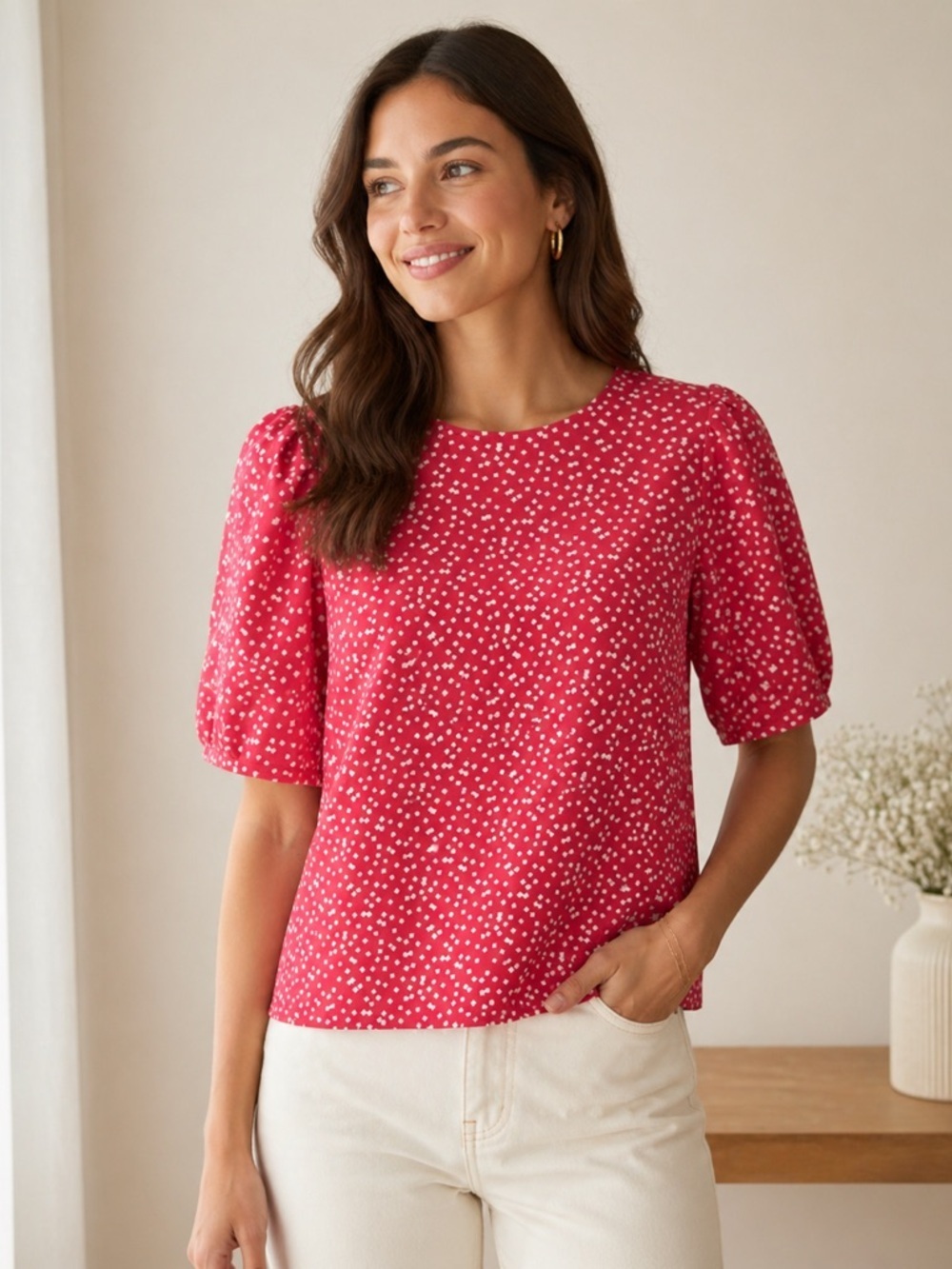 Melloday Retro Cherry Red Geometric Puff Sleeve Top | Mod Square Print Blouse L